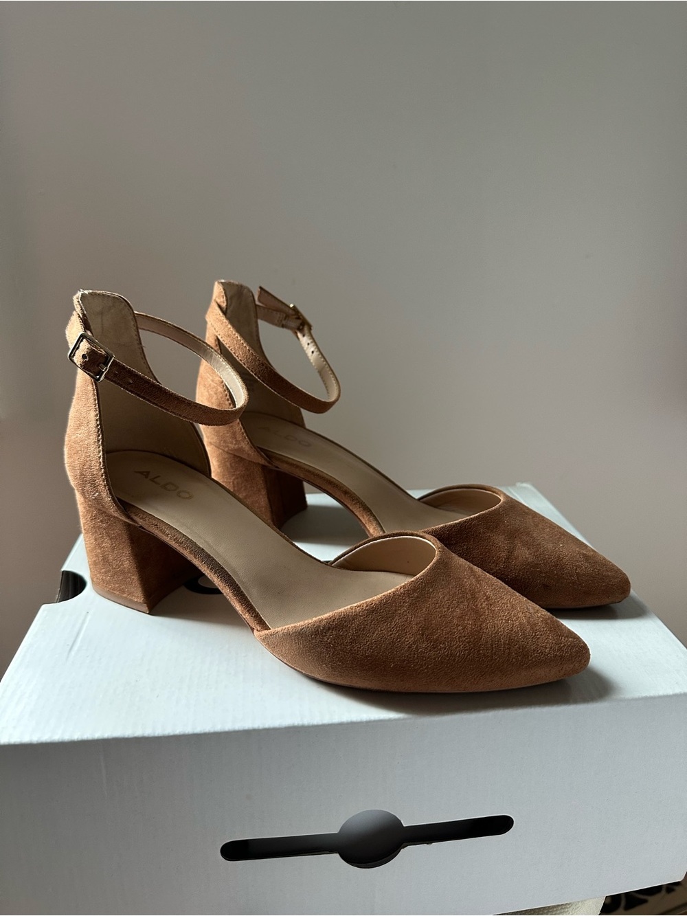 ALDO Brown Suede Ankle-Strap Block Heel Pumps